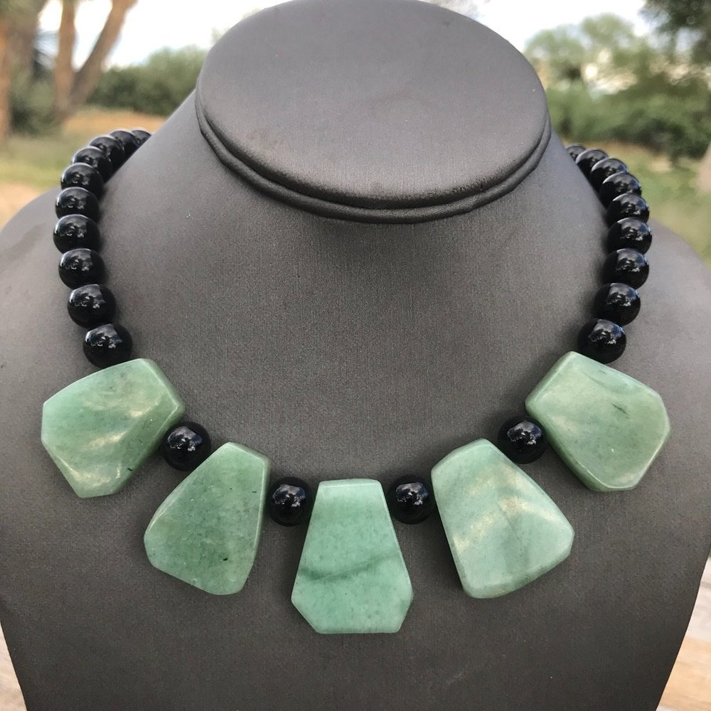 Genuine Natural Jade Nephrite Black Onyx Cleopatra Necklace Sterling Silver 925 - Picture 1 of 13